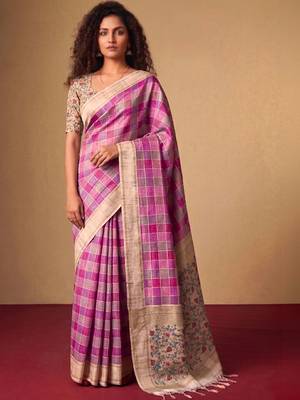 Checked Zari Jute Silk Fusion Tussar Saree 1