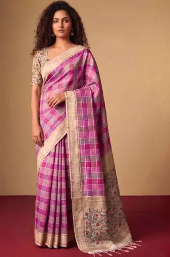 Checked Zari Jute Silk Fusion Tussar Saree