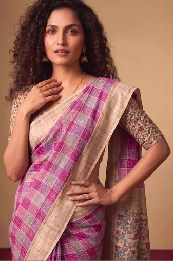 Checked Zari Jute Silk Fusion Tussar Saree