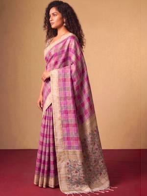 Checked Zari Jute Silk Fusion Tussar Saree 3