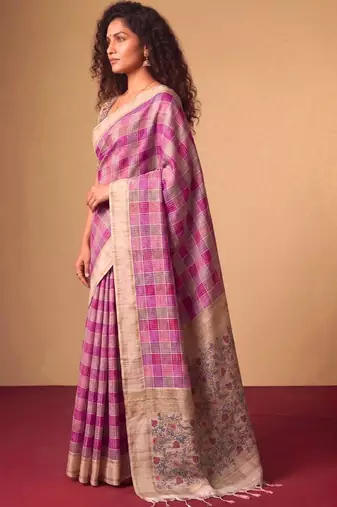 Checked Zari Jute Silk Fusion Tussar Saree