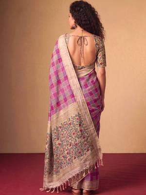 Checked Zari Jute Silk Fusion Tussar Saree 4