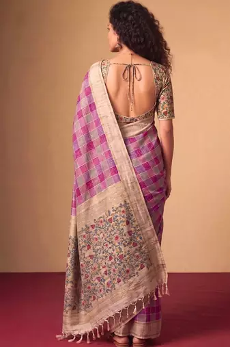 Checked Zari Jute Silk Fusion Tussar Saree