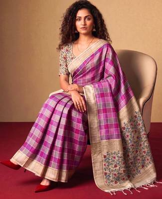 Checked Zari Jute Silk Fusion Tussar Saree 6
