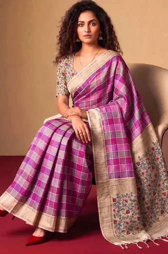 Checked Zari Jute Silk Fusion Tussar Saree