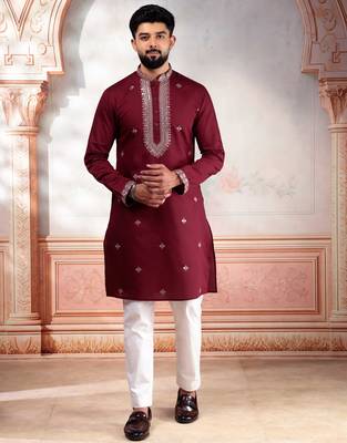 Maroon embroidered kurta payjama for mens' traditional looks 1