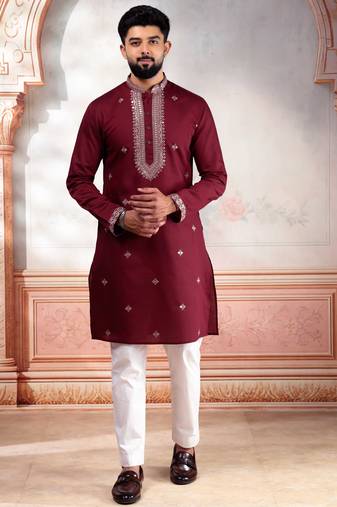 Maroon embroidered kurta payjama for mens' traditional looks