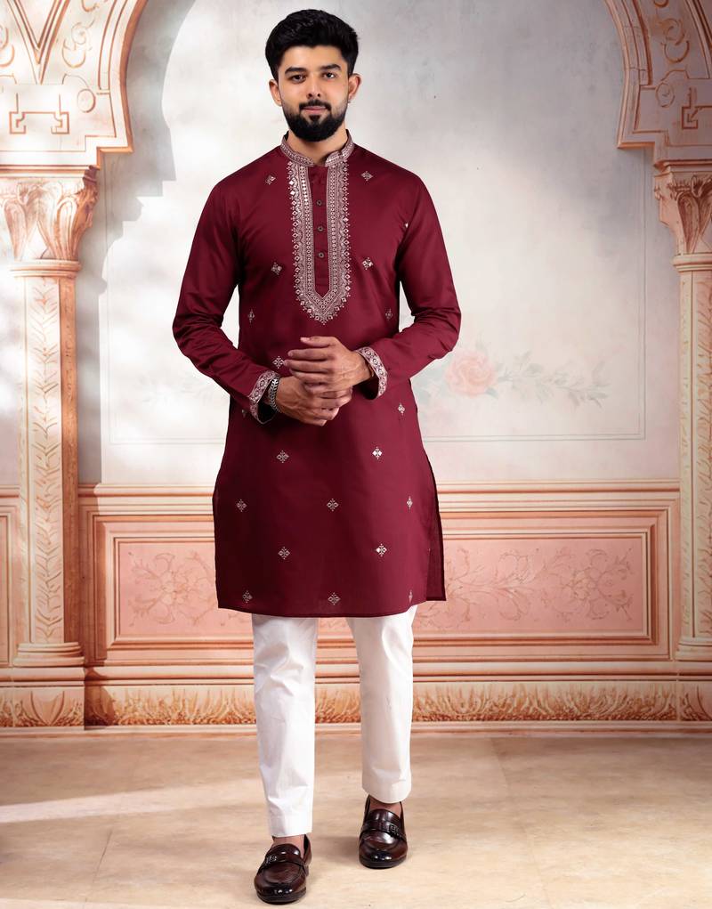 Maroon embroidered kurta payjama for mens' traditional looks