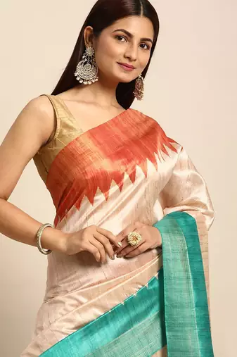 Colourblocked Silk Blend Tussar Saree