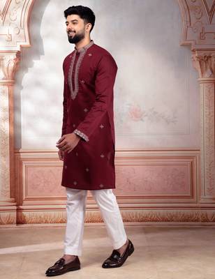 Maroon embroidered kurta payjama for mens' traditional looks 4