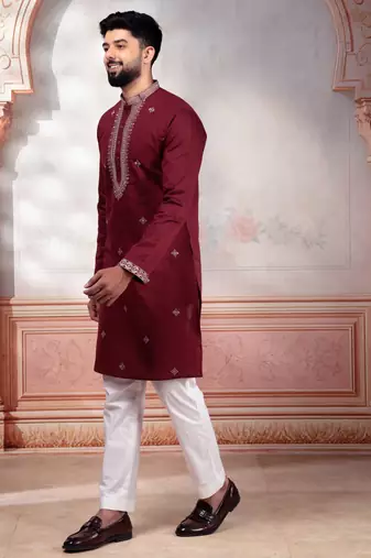 Maroon embroidered kurta payjama for mens' traditional looks