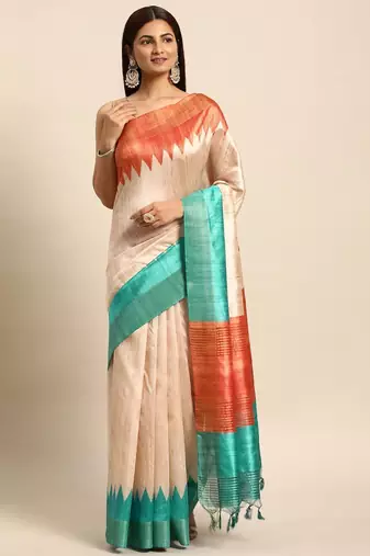 Colourblocked Silk Blend Tussar Saree