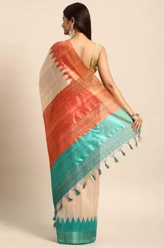 Colourblocked Silk Blend Tussar Saree