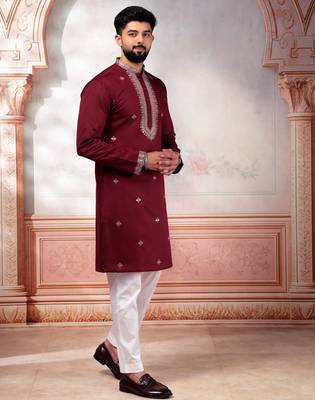 Maroon embroidered kurta payjama for mens' traditional looks 5