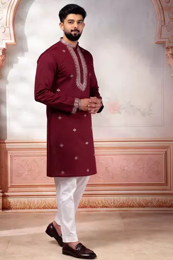 Maroon embroidered kurta payjama for mens' traditional looks