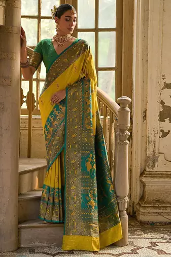 Saffron Yellow Ethnic Motifs Woven Design Zari Banarasi Silk Sarees