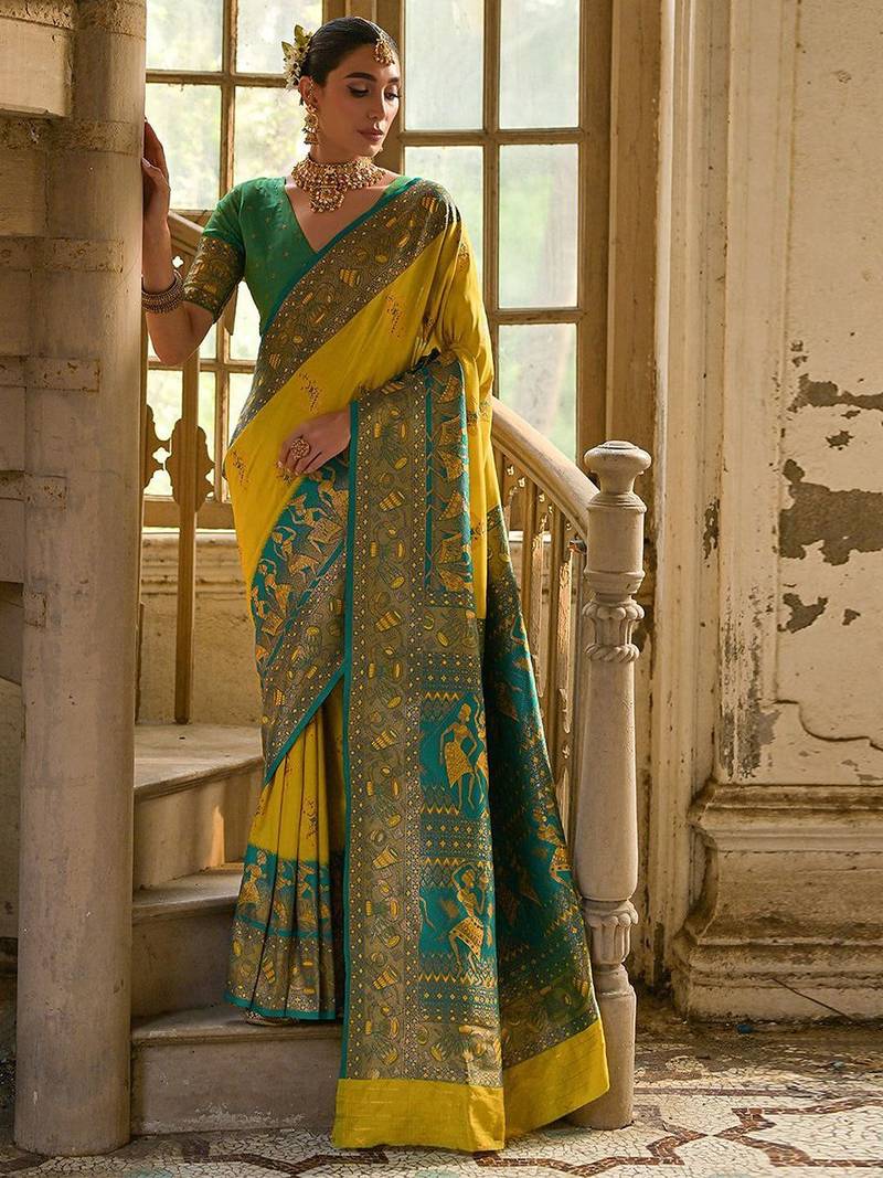 Saffron Yellow Ethnic Motifs Woven Design Zari Banarasi Silk Sarees