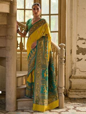 Saffron Yellow Ethnic Motifs Woven Design Zari Banarasi Silk Sarees 2