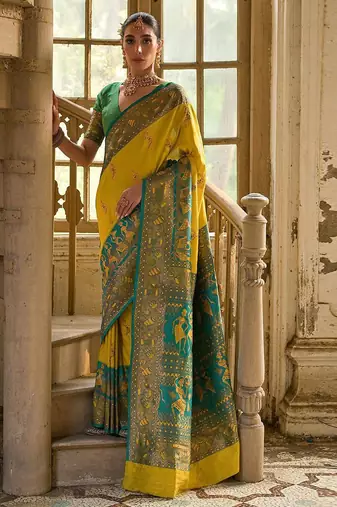 Saffron Yellow Ethnic Motifs Woven Design Zari Banarasi Silk Sarees