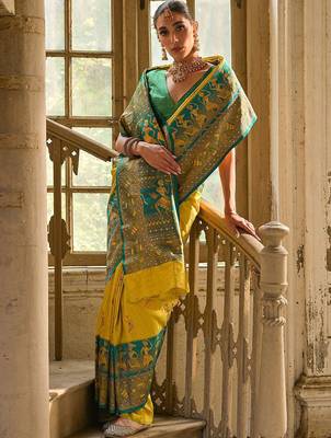Saffron Yellow Ethnic Motifs Woven Design Zari Banarasi Silk Sarees 3