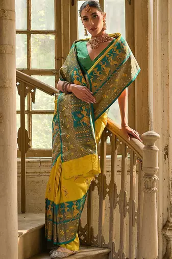 Saffron Yellow Ethnic Motifs Woven Design Zari Banarasi Silk Sarees