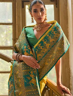Saffron Yellow Ethnic Motifs Woven Design Zari Banarasi Silk Sarees 4