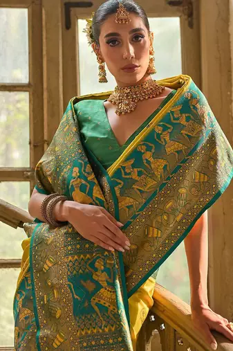 Saffron Yellow Ethnic Motifs Woven Design Zari Banarasi Silk Sarees