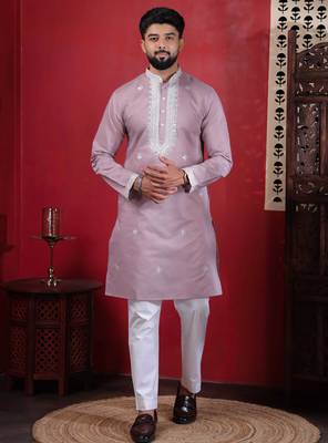 Pink embroidered kurta payjama for mens' traditional looks 1