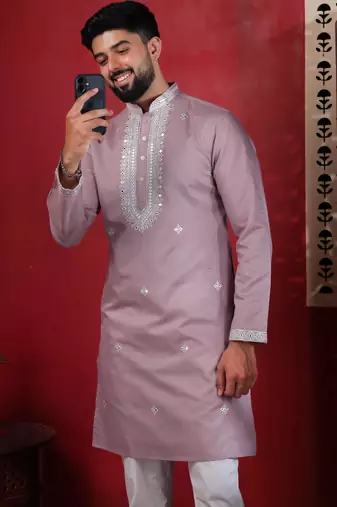 Pink embroidered kurta payjama for mens' traditional looks