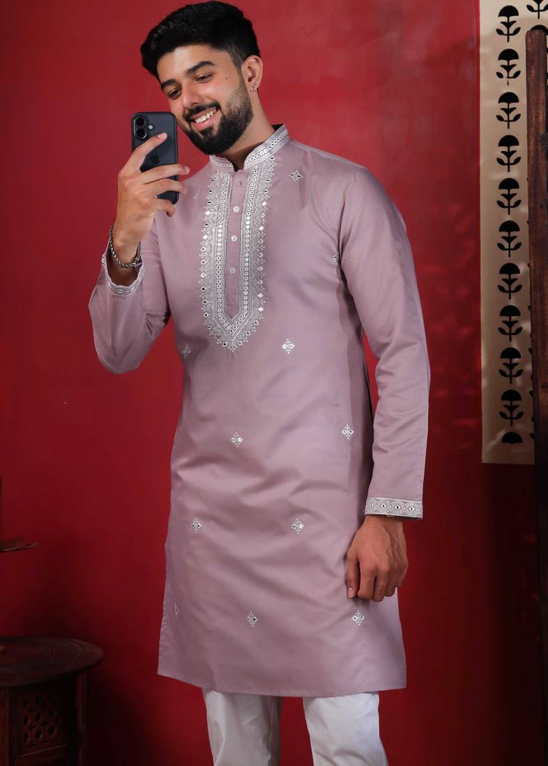 Pink embroidered kurta payjama for mens' traditional looks