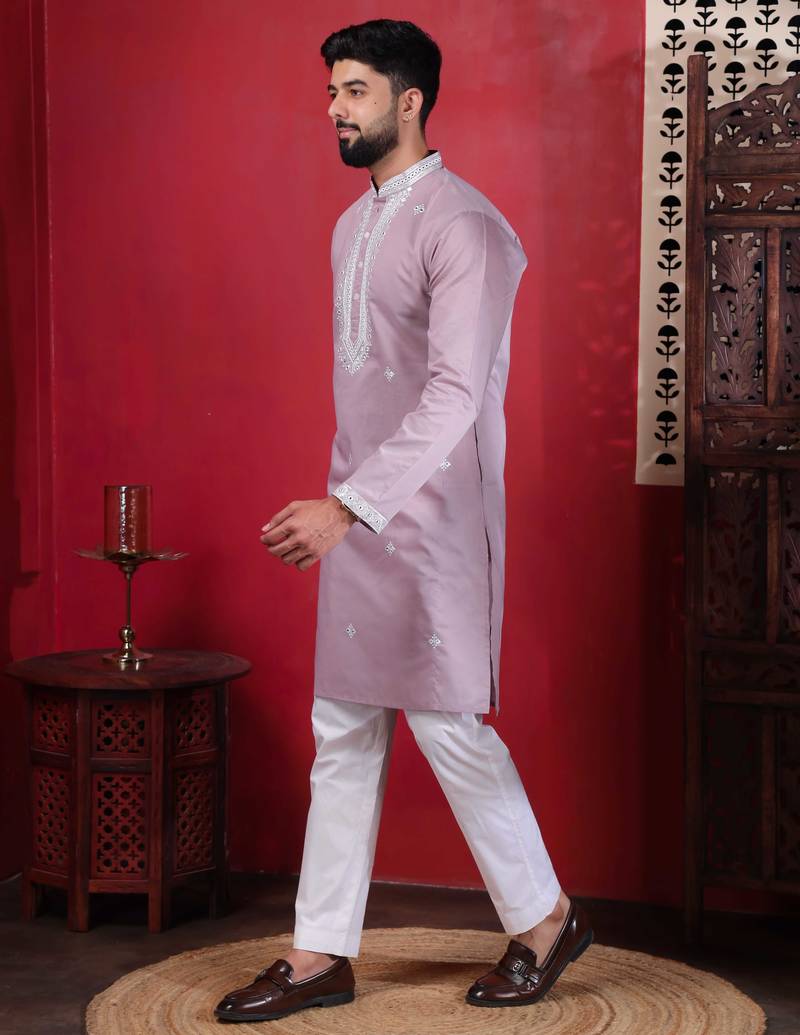 Pink embroidered kurta payjama for mens' traditional looks
