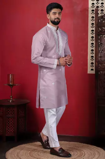Pink embroidered kurta payjama for mens' traditional looks