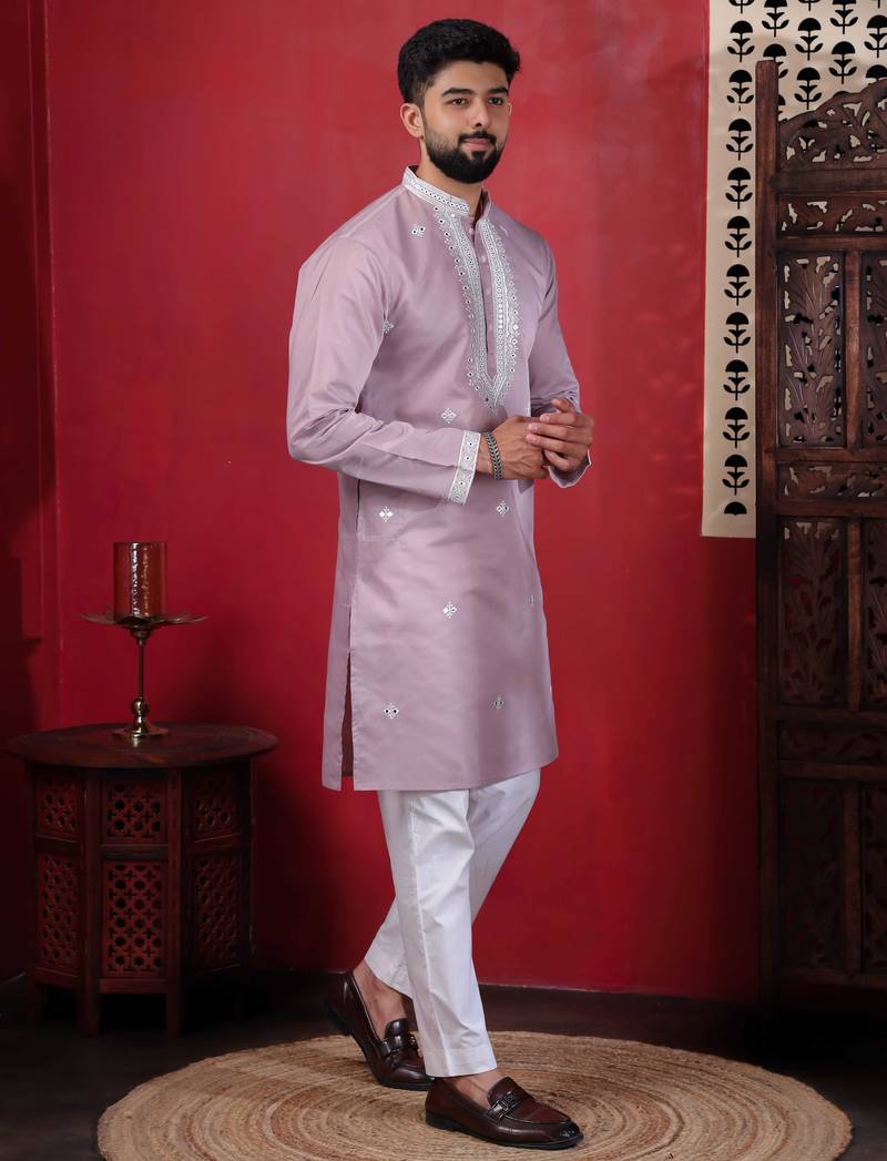 Pink embroidered kurta payjama for mens' traditional looks