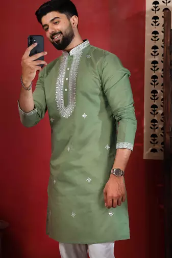 Pista embroidered kurta payjama for mens' traditional looks