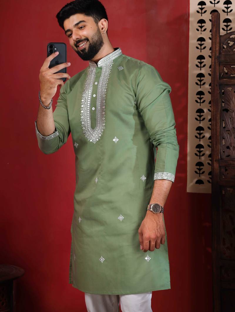 Pista embroidered kurta payjama for mens' traditional looks