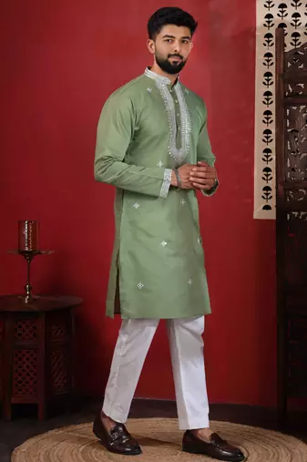 Pista embroidered kurta payjama for mens' traditional looks