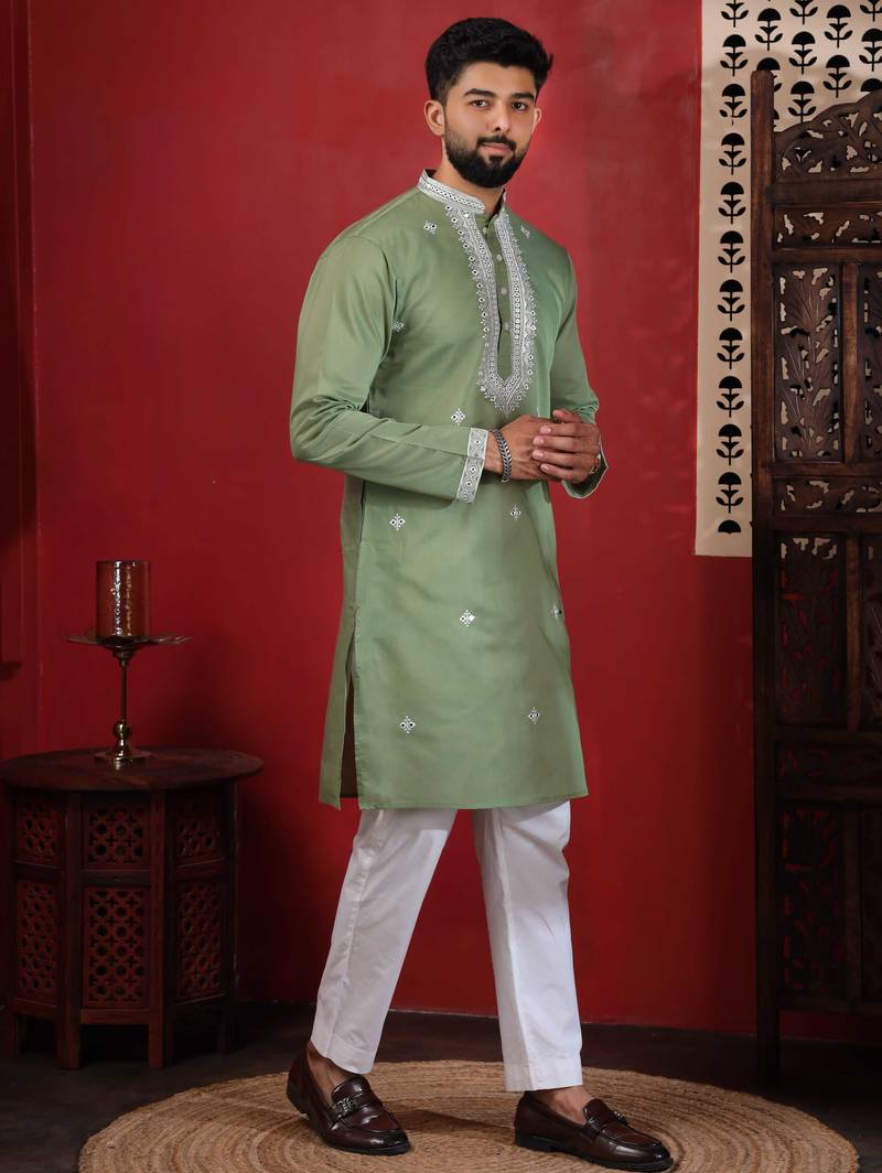 Pista embroidered kurta payjama for mens' traditional looks
