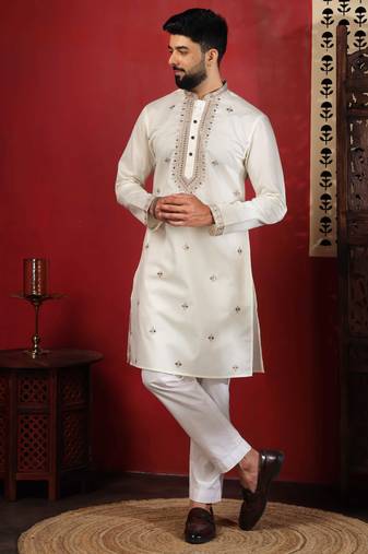 White embroidered kurta payjama for mens' traditional looks