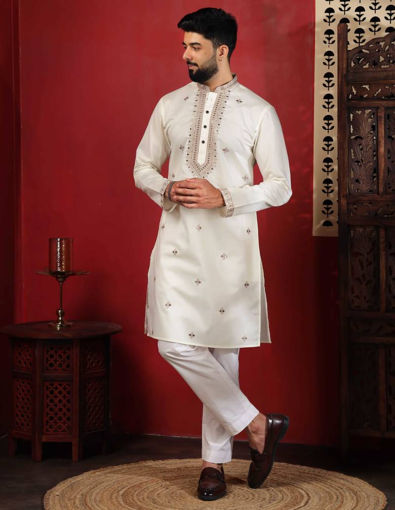 White embroidered kurta payjama for mens' traditional looks