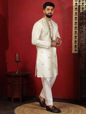 White embroidered kurta payjama for mens' traditional looks 4
