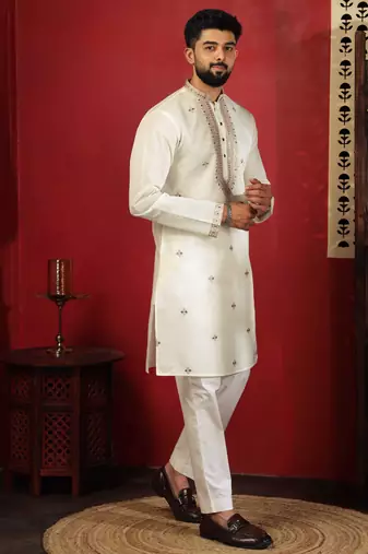 White embroidered kurta payjama for mens' traditional looks