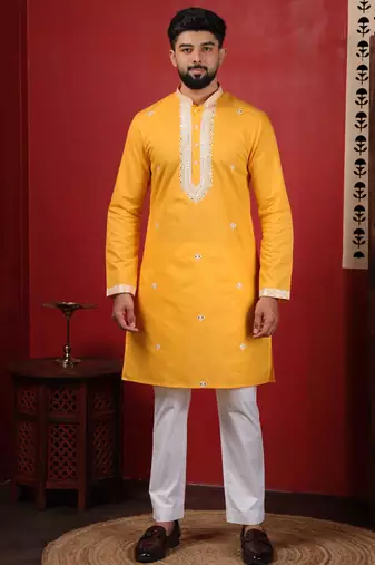Yellow embroidered kurta payjama for mens' traditional looks