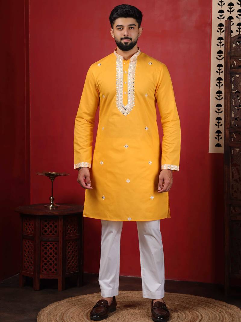 Yellow embroidered kurta payjama for mens' traditional looks