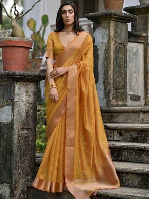 Canary Yellow Woven Design Linen Silk Zari Butti Weaves Saree 1