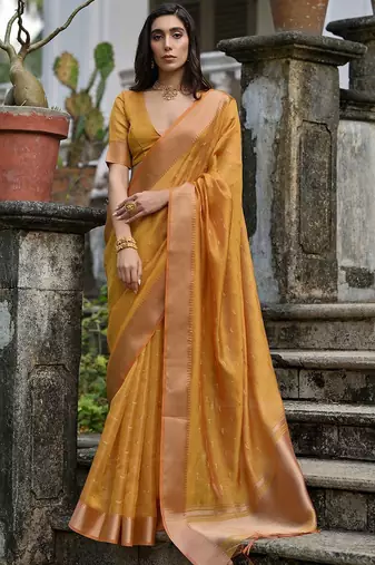 Canary Yellow Woven Design Linen Silk Zari Butti Weaves Saree