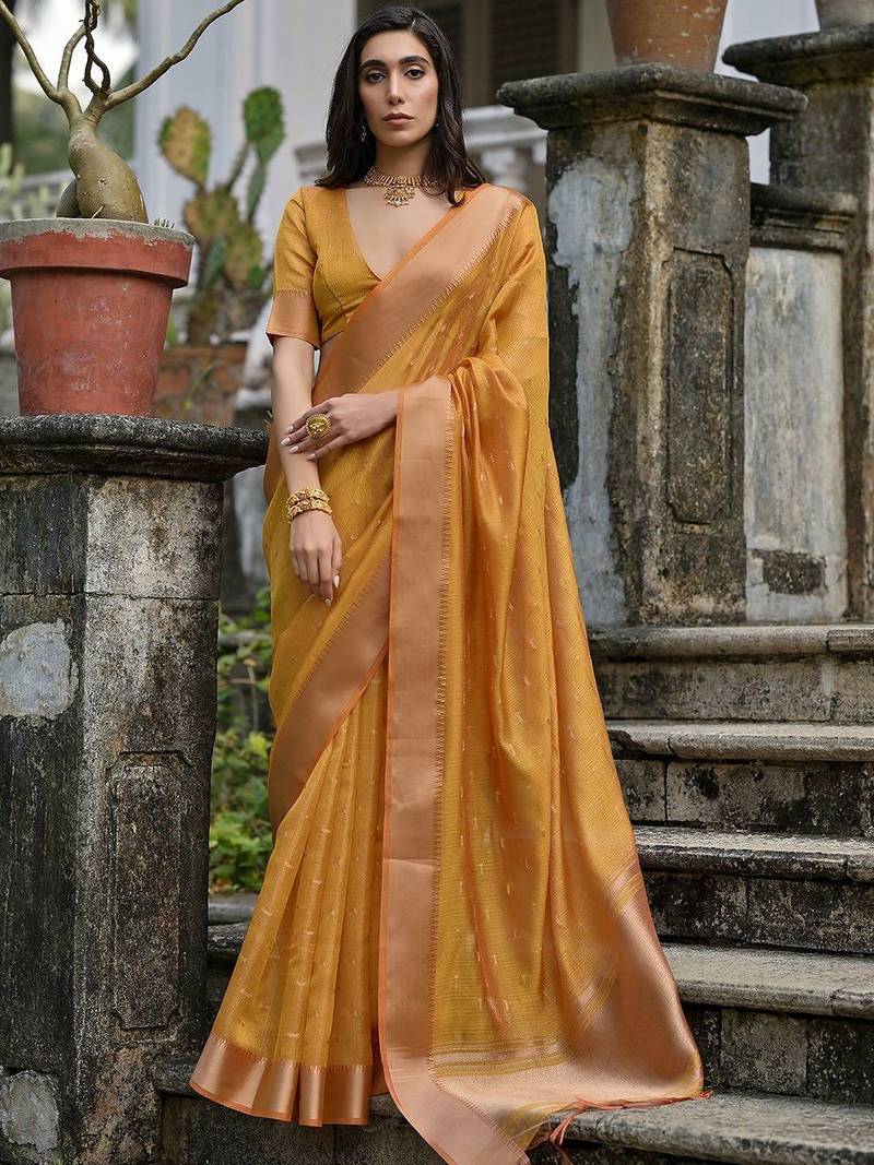 Canary Yellow Woven Design Linen Silk Zari Butti Weaves Saree