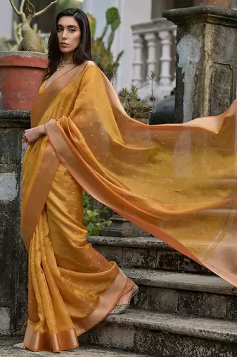 Canary Yellow Woven Design Linen Silk Zari Butti Weaves Saree