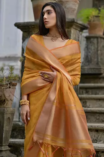 Canary Yellow Woven Design Linen Silk Zari Butti Weaves Saree