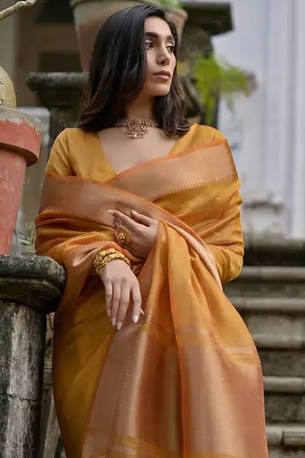 Canary Yellow Woven Design Linen Silk Zari Butti Weaves Saree