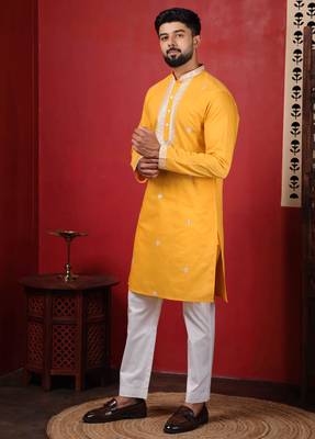 Yellow embroidered kurta payjama for mens' traditional looks 4